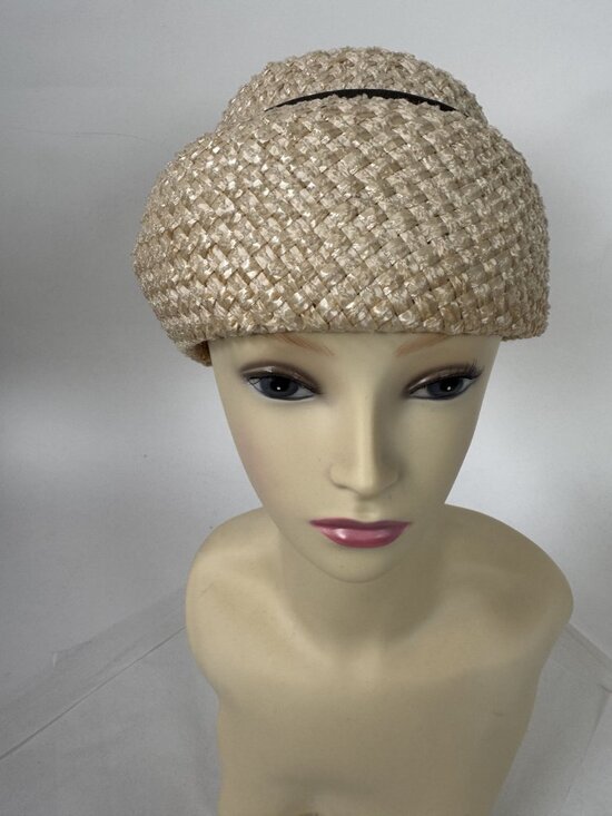 Vintage 1950\'s Beige Straw Womens Hat With Black Accent Woven Design Mid-Century main image 7